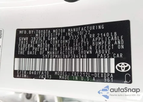 2022 Toyota Corolla L from USA, damaged, VIN 5YFDPMAE0NP384048